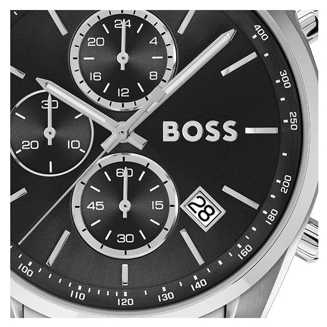 Hugo Boss Grand Prix Chronograph Black Dial Silver Steel Strap Watch for Men - 1514251