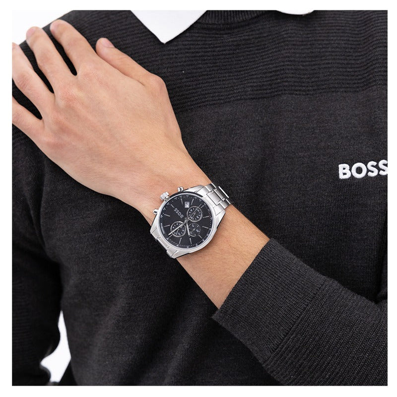 Hugo Boss Grand Prix Chronograph Black Dial Silver Steel Strap Watch for Men - 1514251