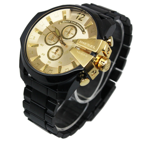 Diesel Mega Chief Chronograph Gold Dial Black Steel Strap Watch For Men - DZ4485