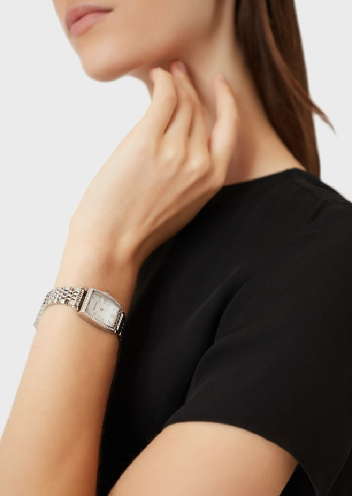 Emporio Armani Gianni T-Bar Quartz White Dial Silver Steel Strap Watch For Women - AR11405