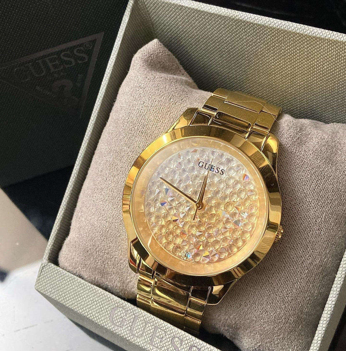 Guess Crush Gold Dial Gold Steel Strap Watch For Women - GW0020L2