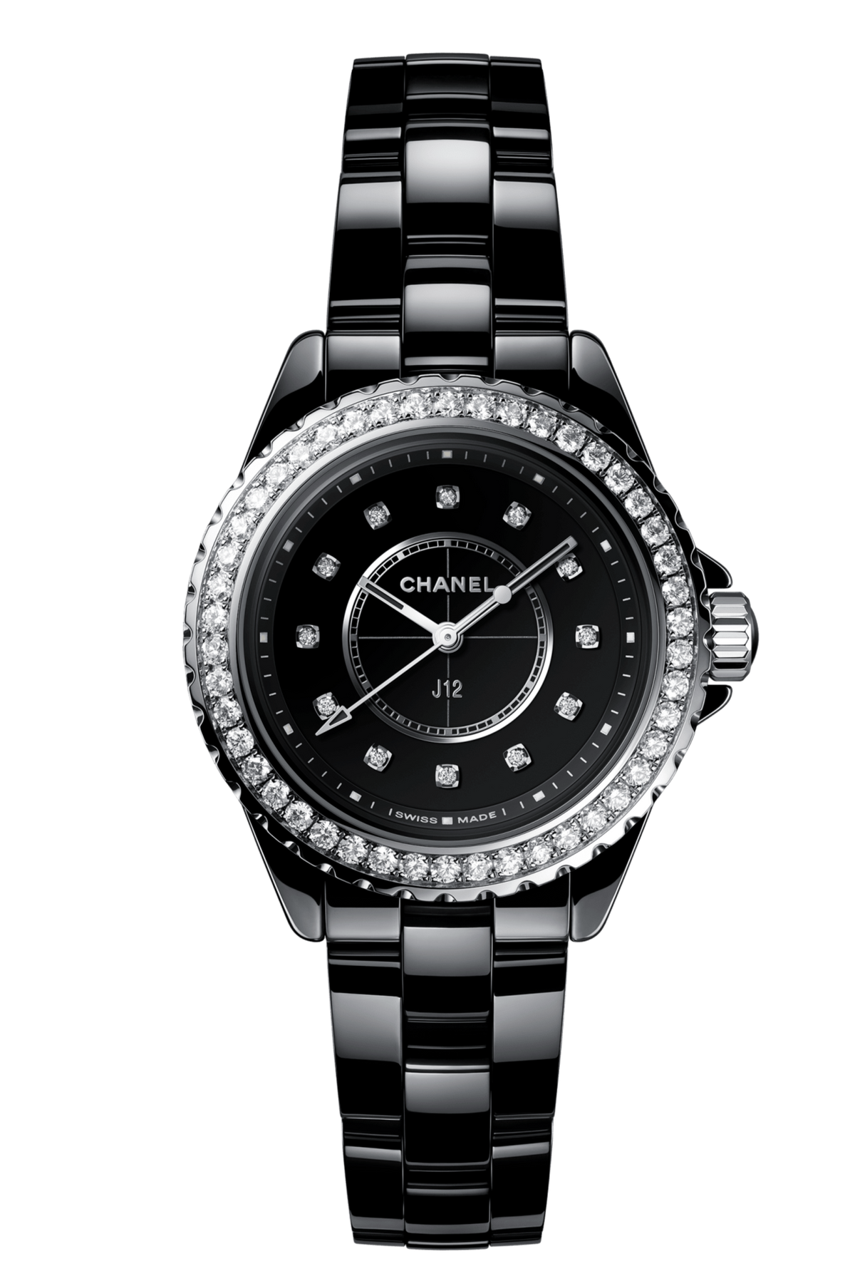 Chanel J12 Diamonds Ceramic Black Dial Black Steel Strap Watch for Women - J12 H3108