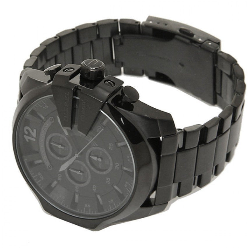 Diesel Mega Chief Chronograph Black Dial Black Steel Strap Watch For Men - DZ4355