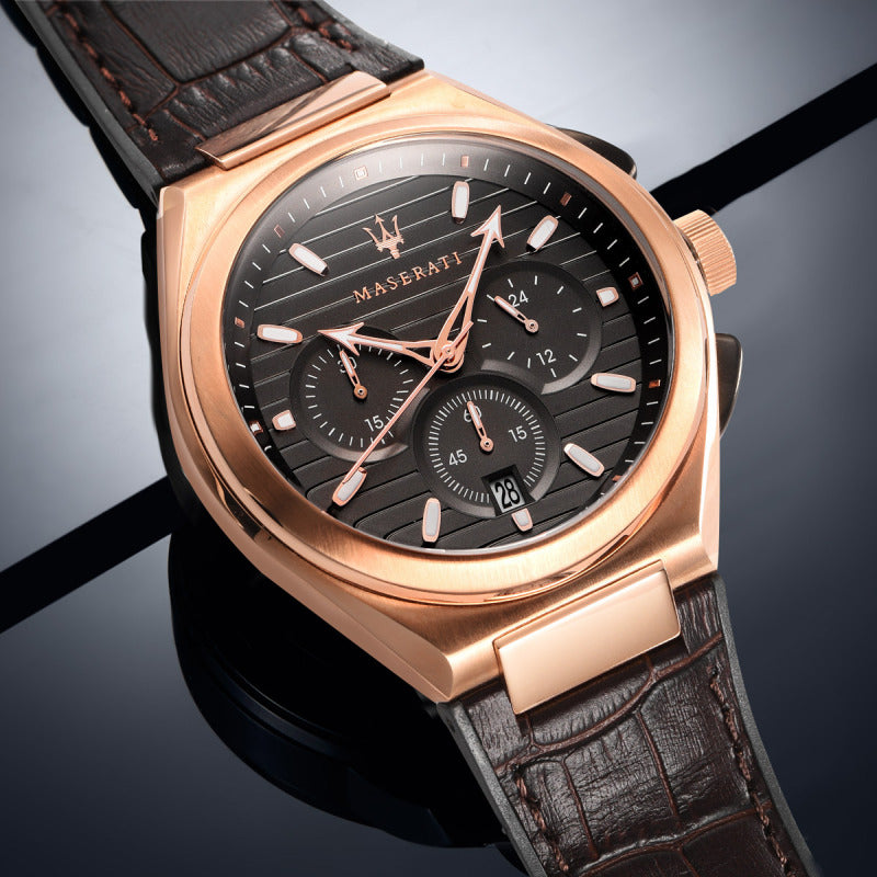 Maserati Triconic Chronograph Grey Dial Brown Leather Strap Watch For Men - R8871639003