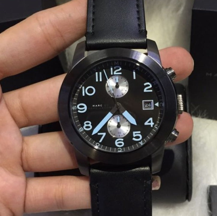 Marc Jacobs Larry Chronograph Black Dial Black Leather Strap Watch for Men - MBM5054