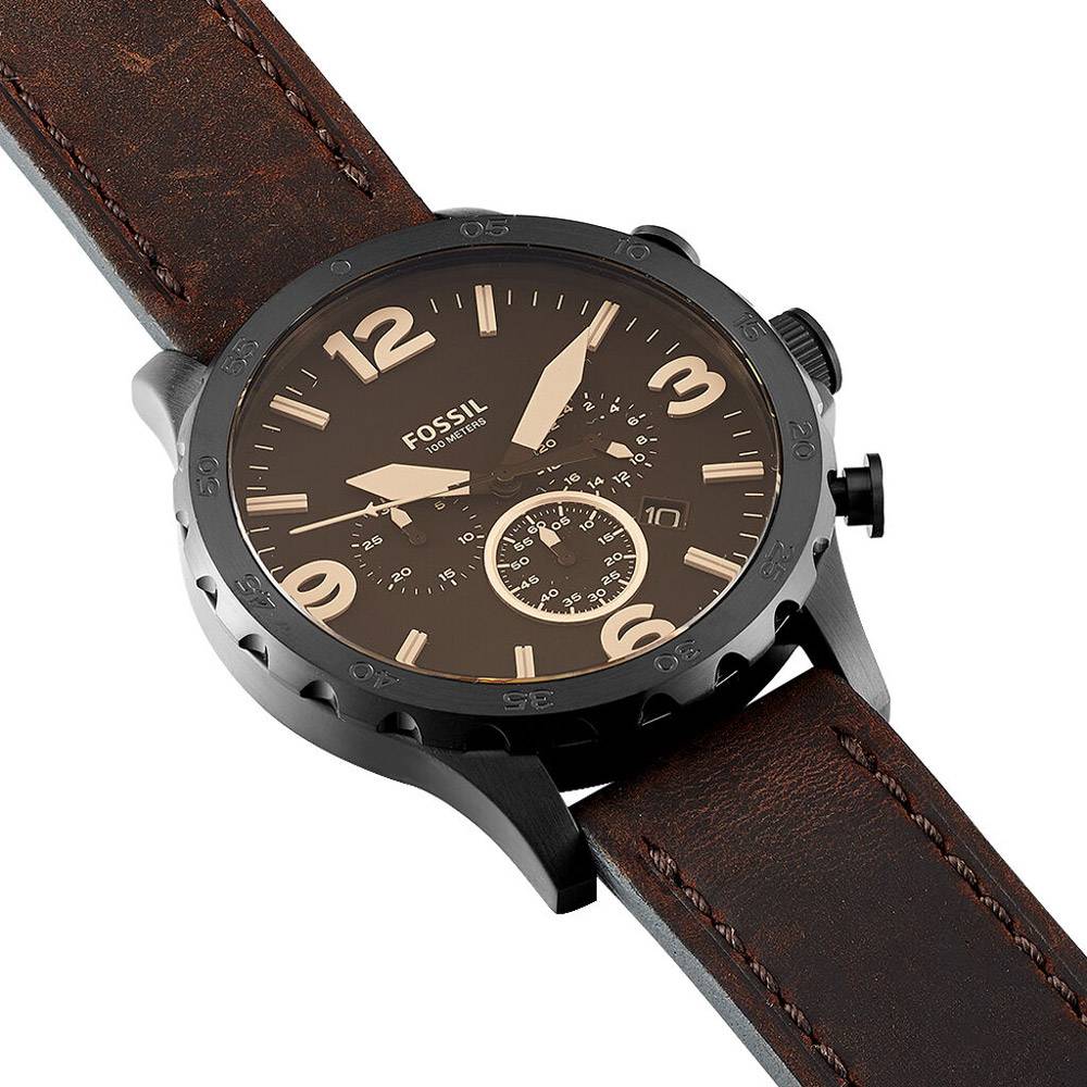 Fossil Nate Chronograph Brown Dial Brown Leather Strap Watch for Men - JR1487