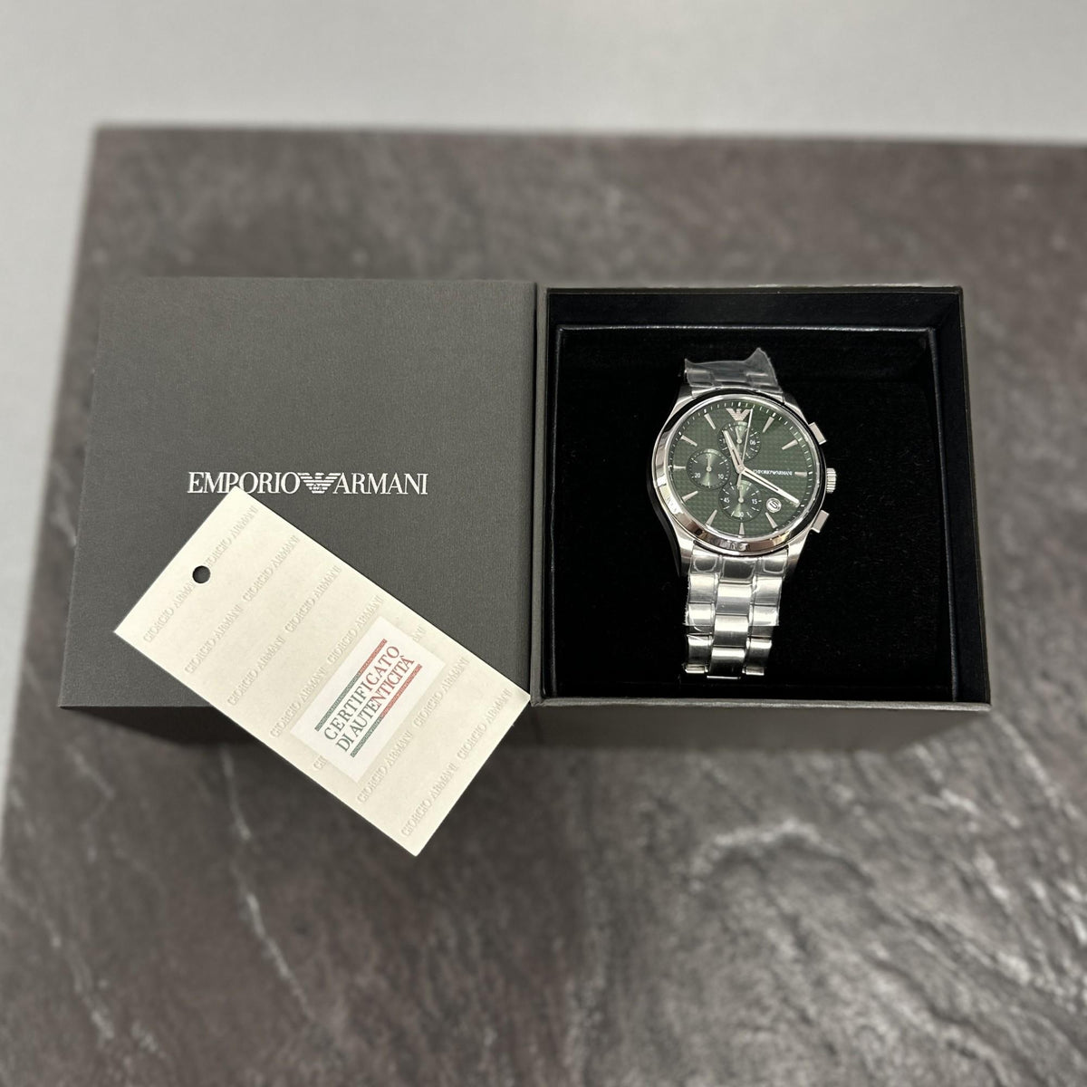 Emporio Armani Paolo Chronograph Green Dial Silver Steel Strap Watch For Men - AR11529