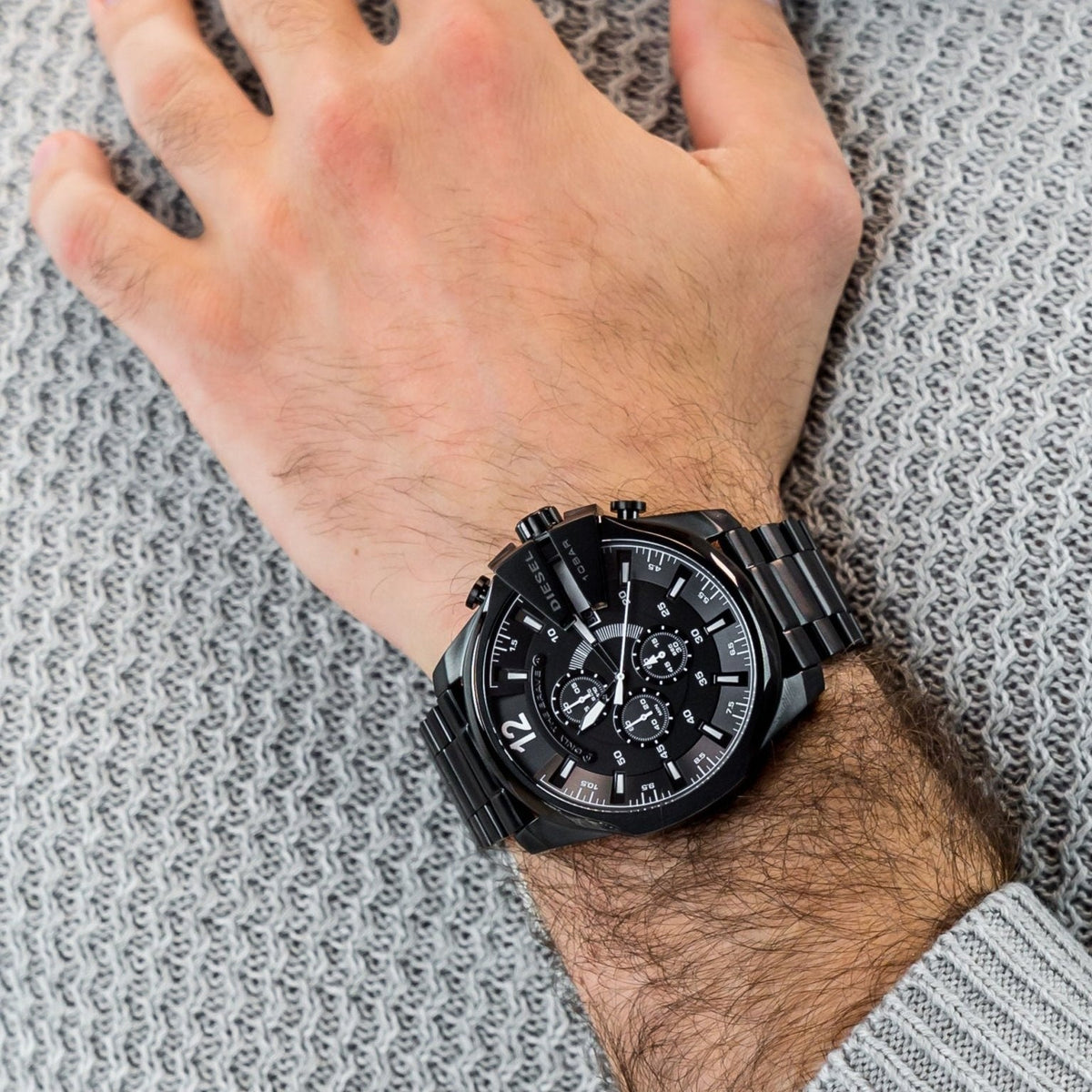 Diesel Mega Chief Chronograph Black Dial Black Steel Strap Watch For Men - DZ4283