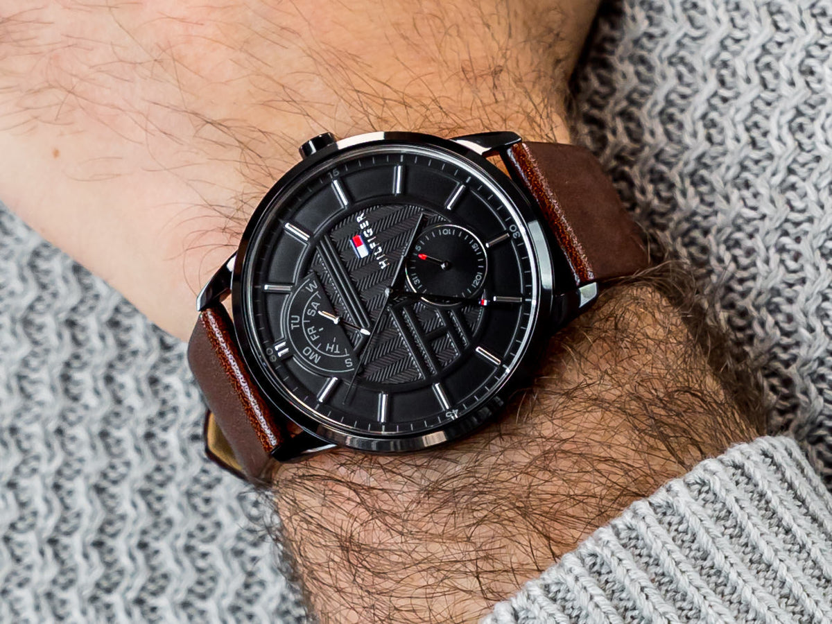 Tommy Hilfiger Hunter Black Dial Brown Leather Strap Watch for Men - 1791604