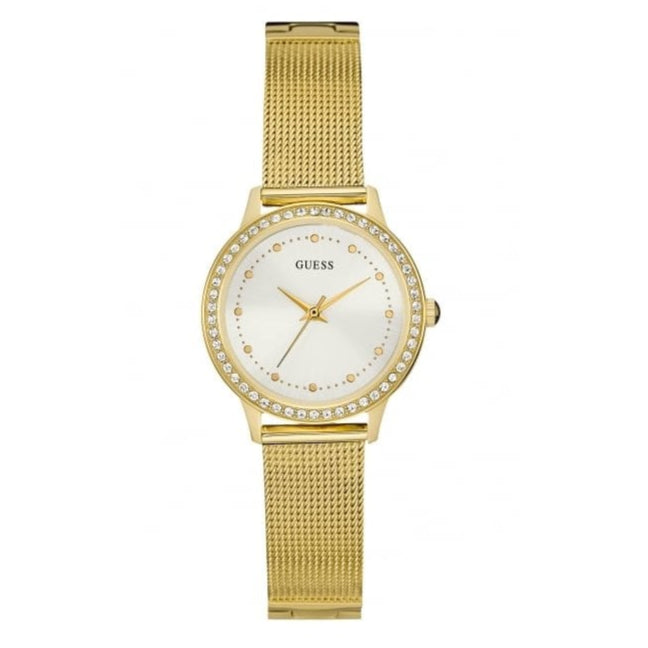 Guess Chelsea Crystals Mother of Pearl White Dial Gold Mesh Bracelet Watch For Women - W0647L7