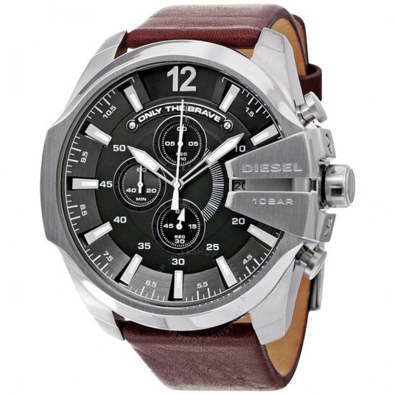 Diesel Mega Chief Chronograph Black Dial Brown Leather Strap Watch For Men - DZ4290