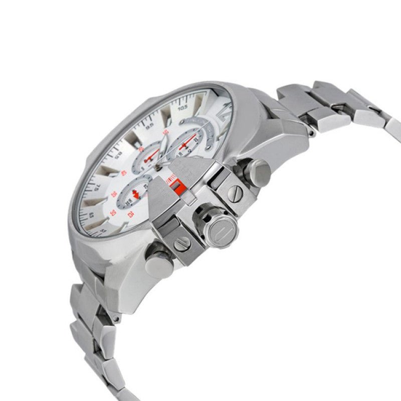 Diesel Mega Chief Chronograph White Dial Silver Steel Strap Watch For Men - DZ4328