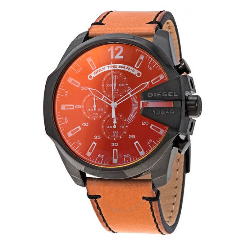 Diesel Mega Chief Chronograph Black Dial Brown Leather Strap Watch For Men - DZ4476
