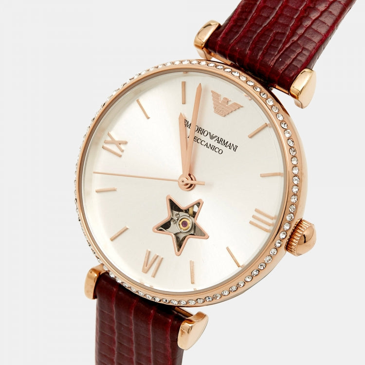 Emporio Armani Meccanico Automatic Silver Dial Red Leather Strap Watch For Women - AR60044