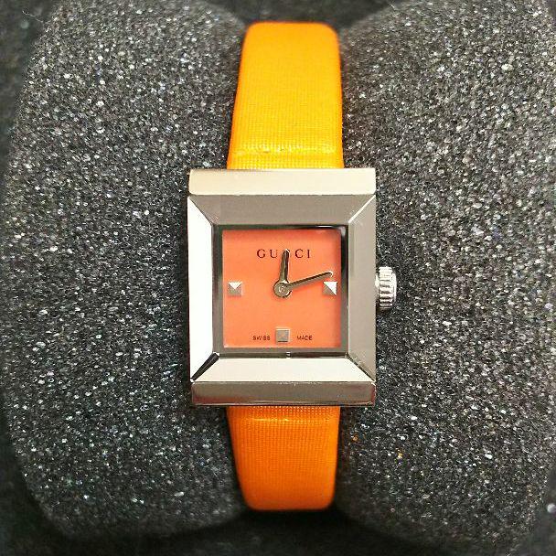 Gucci G-Frame Square Mother of Pearl Orange Dial Orange Leather Strap Watch For Women - YA128532