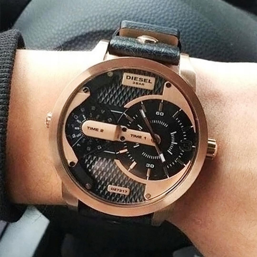 Diesel Mini Daddy Dual Time Black & Gold Dial Black Leather Strap Watch For Men - DZ7317