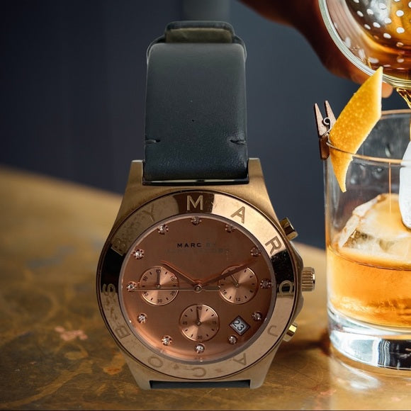 Marc Jacobs Blade Chronograph Rose Gold Dial Black Leather Strap Watch for Women - MBM1188