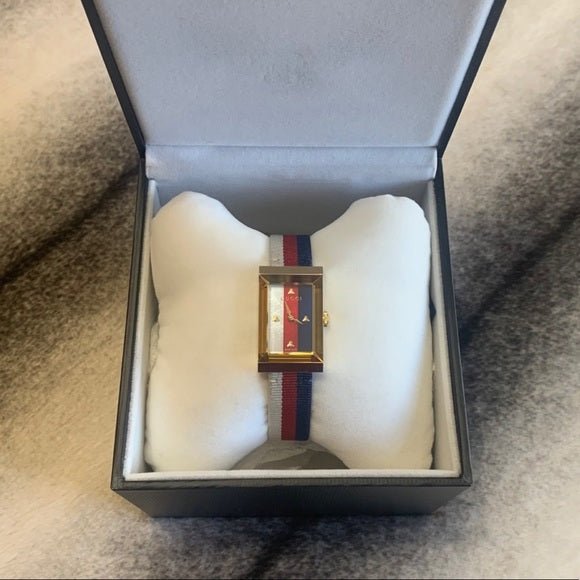 Gucci G-Frame Mother of Pearl Dial White Blue Red Nylon Strap Watch For Women - YA147405