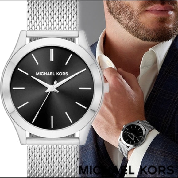 Michael Kors Slim Runway Analog Black Dial Silver Mesh Bracelet Watch For Men - MK8606