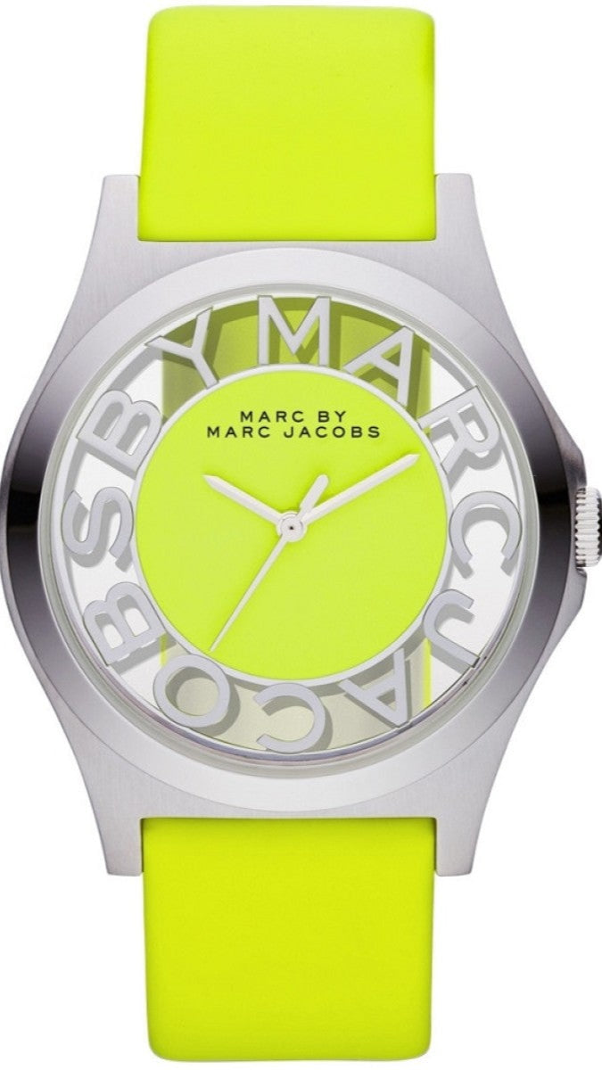 Marc Jacobs Henry Skeleton Neon Yellow Dial Yellow Leather Strap Watch for Women - MBM1242