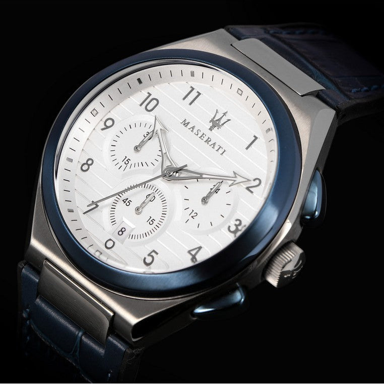 Maserati Triconic Chronograph White Dial Blue Leather Strap Watch For Men - R8871639001