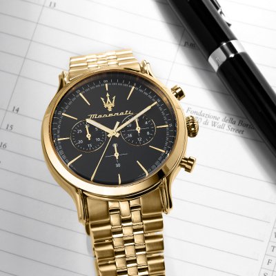 Maserati Epoca Chronograph Black Dial Gold Steel Strap Watch For Men - R8873618023