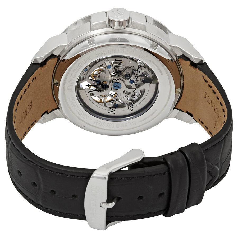 Maserati Ingegno Automatic Blue Skeleton Dial Black Leather Strap Watch For Men - R8821119004