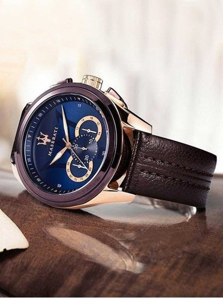 Maserati Traguardo Chronograph Blue Dial Brown Leather Strap Watch For Men - R8871612024