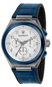 Maserati Triconic Chronograph White Dial Blue Leather Strap Watch For Men - R8871639001