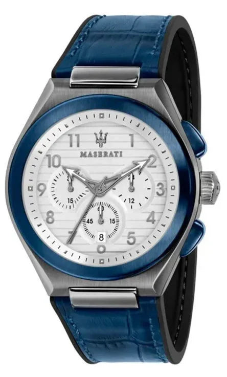 Maserati Triconic Chronograph White Dial Blue Leather Strap Watch For Men - R8871639001