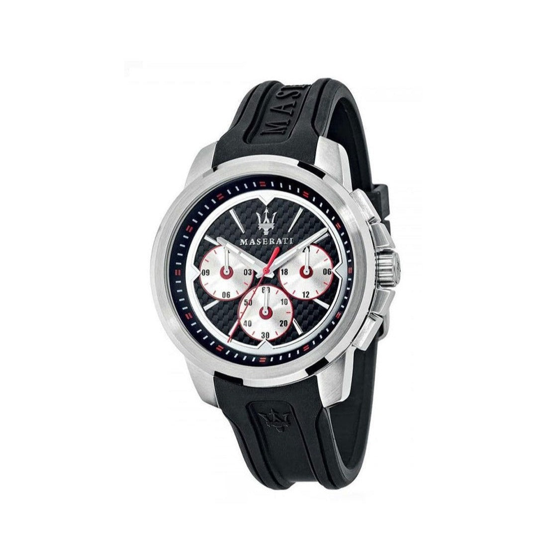 Maserati SFIDA Chronograph Black Silver Dial Black Rubber Strap Watch For Men - R8851123001