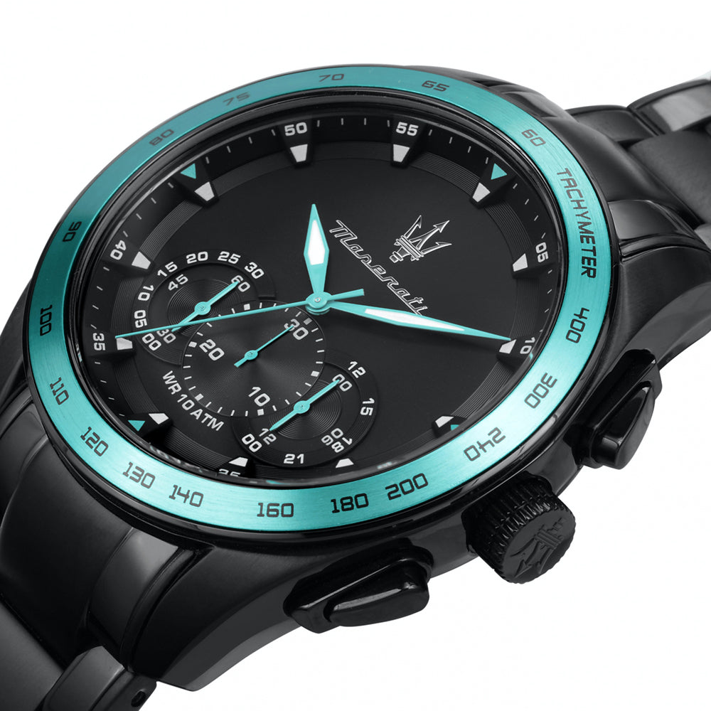 Maserati Traguardo Chronograph Aqua Edition Black Dial Black Steel Strap Watch For Men - R8873644002
