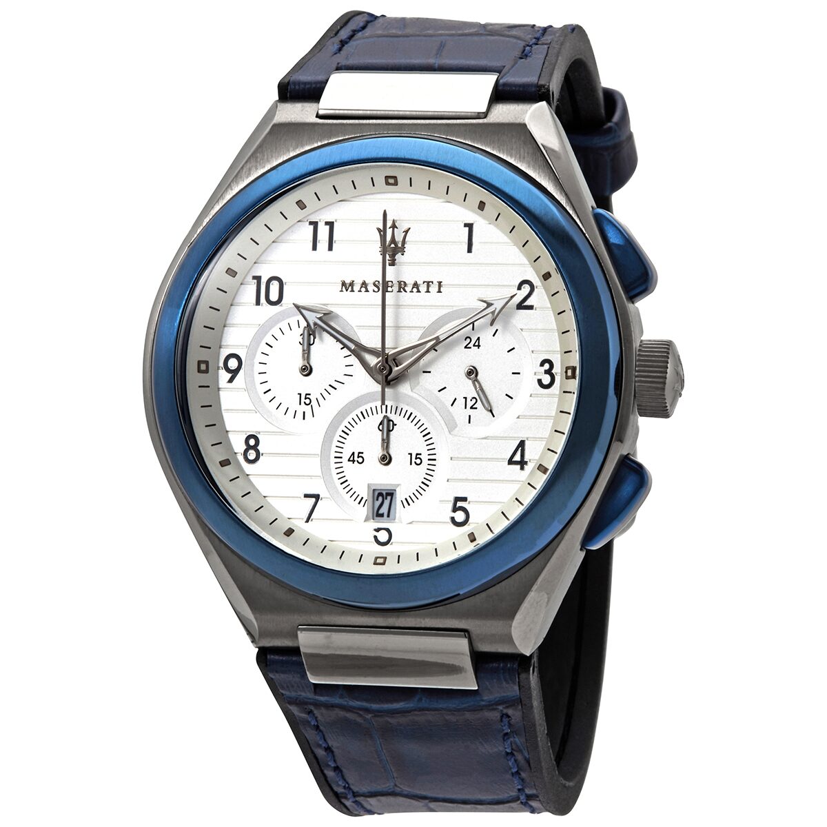 Maserati Triconic Chronograph White Dial Blue Leather Strap Watch For Men - R8871639001