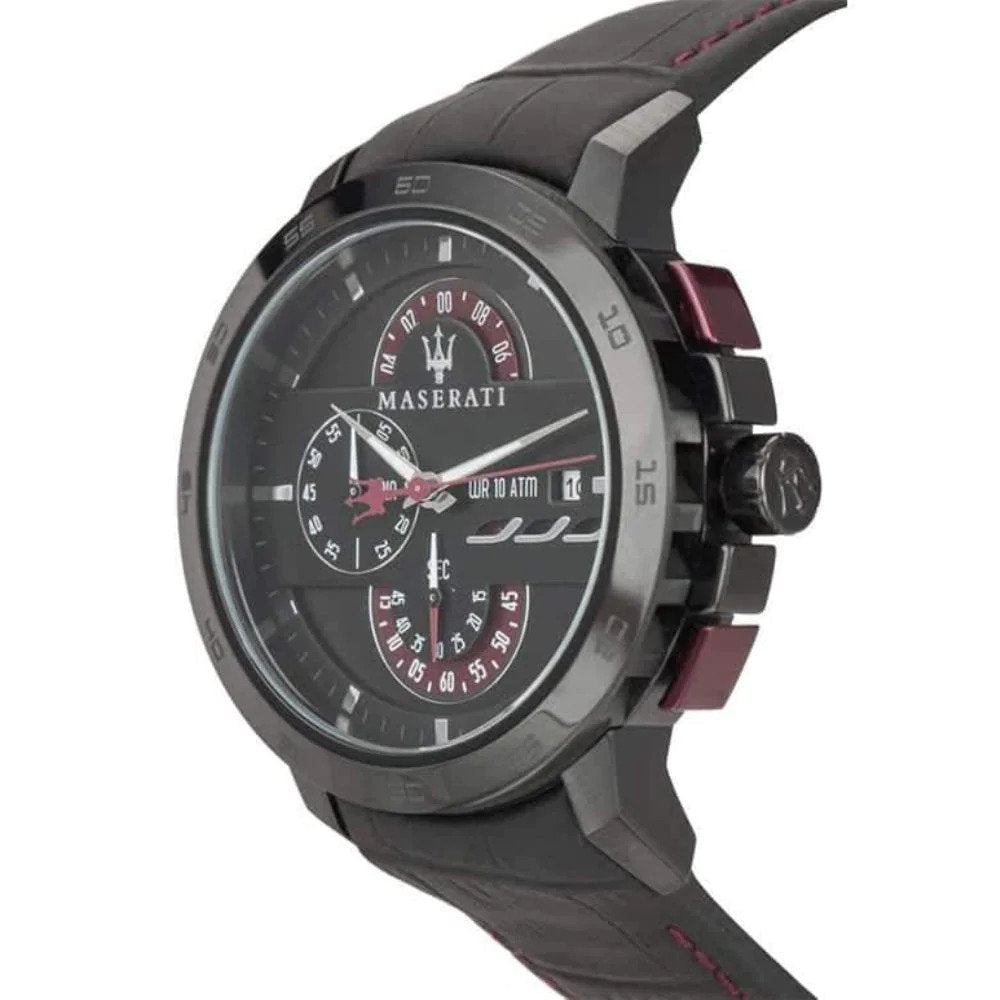 Maserati Ingegno Chronograph Black Dial Black Leather Strap Watch For Men - R8871619003