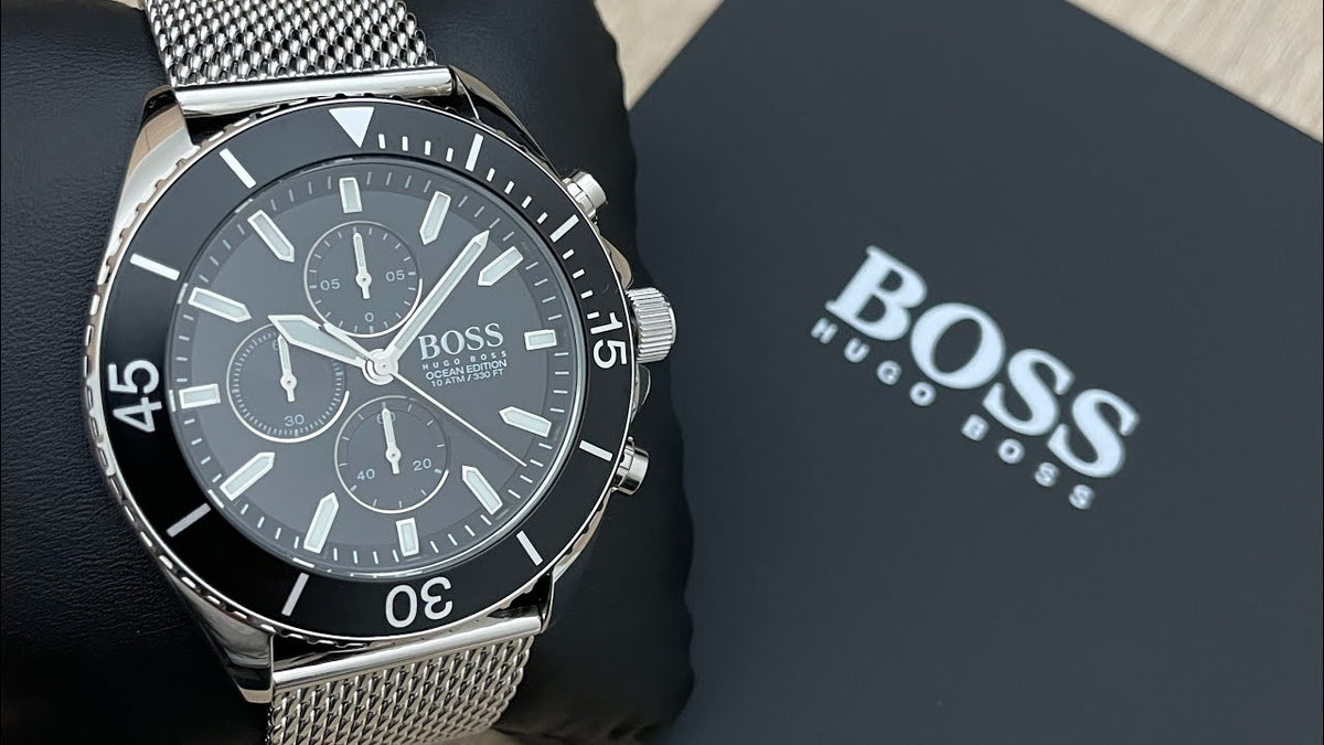Hugo Boss Ocean Edition Chronograph Black Dial Silver Mesh Bracelet Watch for Men - 1513701
