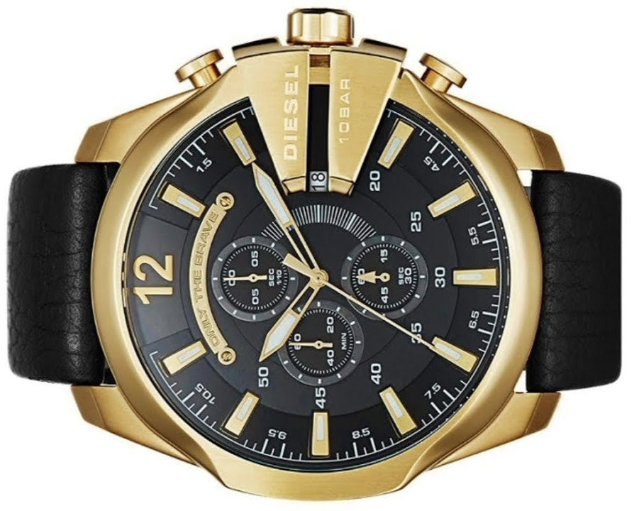 Diesel Mega Chief Chronograph Black Dial Black Leather Strap Watch For Men - DZ4344