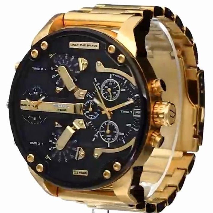 Diesel Mr Daddy 2.0 Chronograph Black Dial Gold Steel Strap Watch For Men - DZ7333