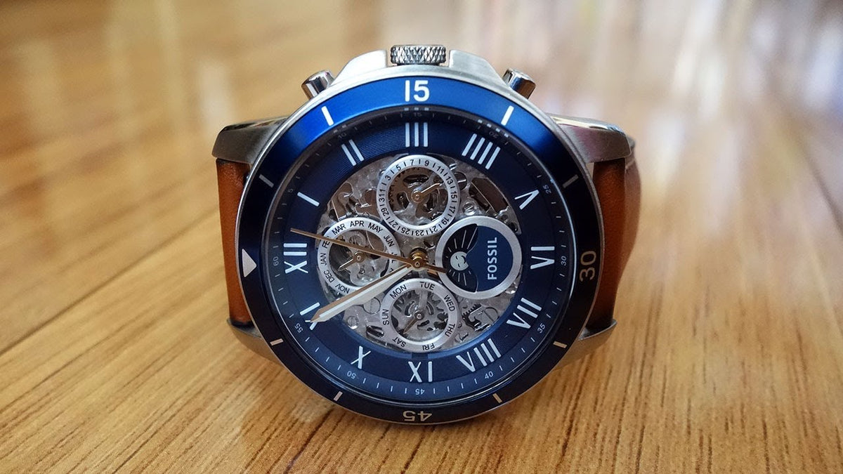 Fossil Grant Sport Automatic Skeleton Blue Dial Brown Leather Strap Watch for Men - ME3140