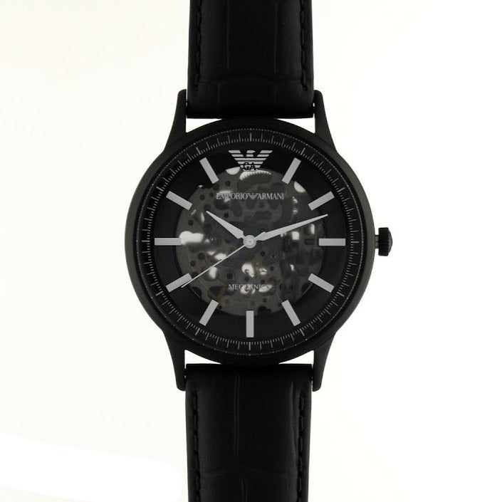 Emporio Armani Meccanico Automatic Skeleton Black Dial Black Leather Strap Watch For Men - AR60042