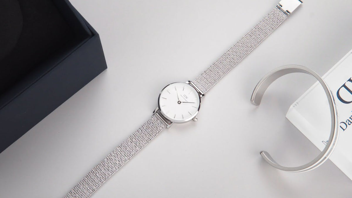 Daniel Wellington Classic Petite Sterling White Dial Silver Mesh Bracelet Watch for Women - DW00100442