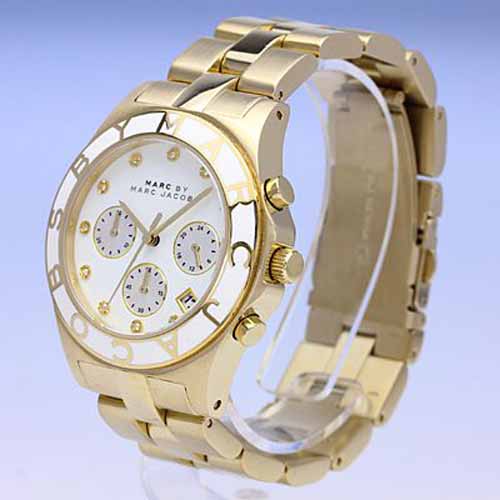 Marc Jacobs Blade Chronograph White Dial Gold Steel Strap Watch for Women - MBM3081