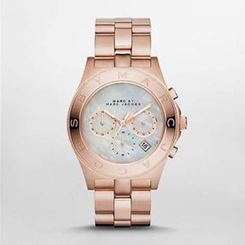 Marc Jacobs Blade Chronograph Mother of Pearl White Dial Rose Gold Steel Strap Watch for Women - MBM8637