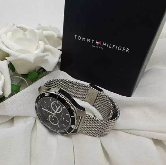 Tommy Hilfiger Jordan Chronograph Black Dial Silver Mesh Strap Watch For Men - 1792092