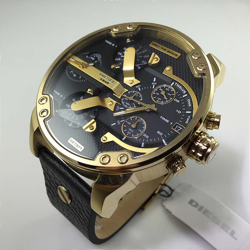 Diesel Mr Daddy Chronograph Black Dial Black Leather Strap Watch For Men - DZ7371