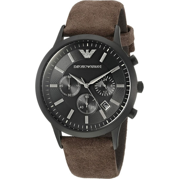 Emporio Armani Chronograph Black Dial Brown Leather Strap Watch For Men - AR11078