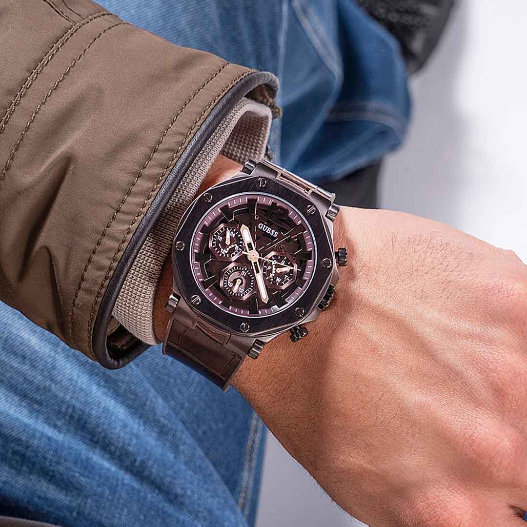 Guess Edge Chronograph Brown Dial Brown Leather Strap Watch For Men - GW0492G2