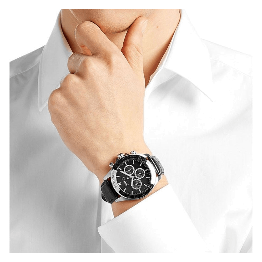 Hugo Boss Ikon Chronograph Black Dial Black Leather Strap Watch for Men - 1513178