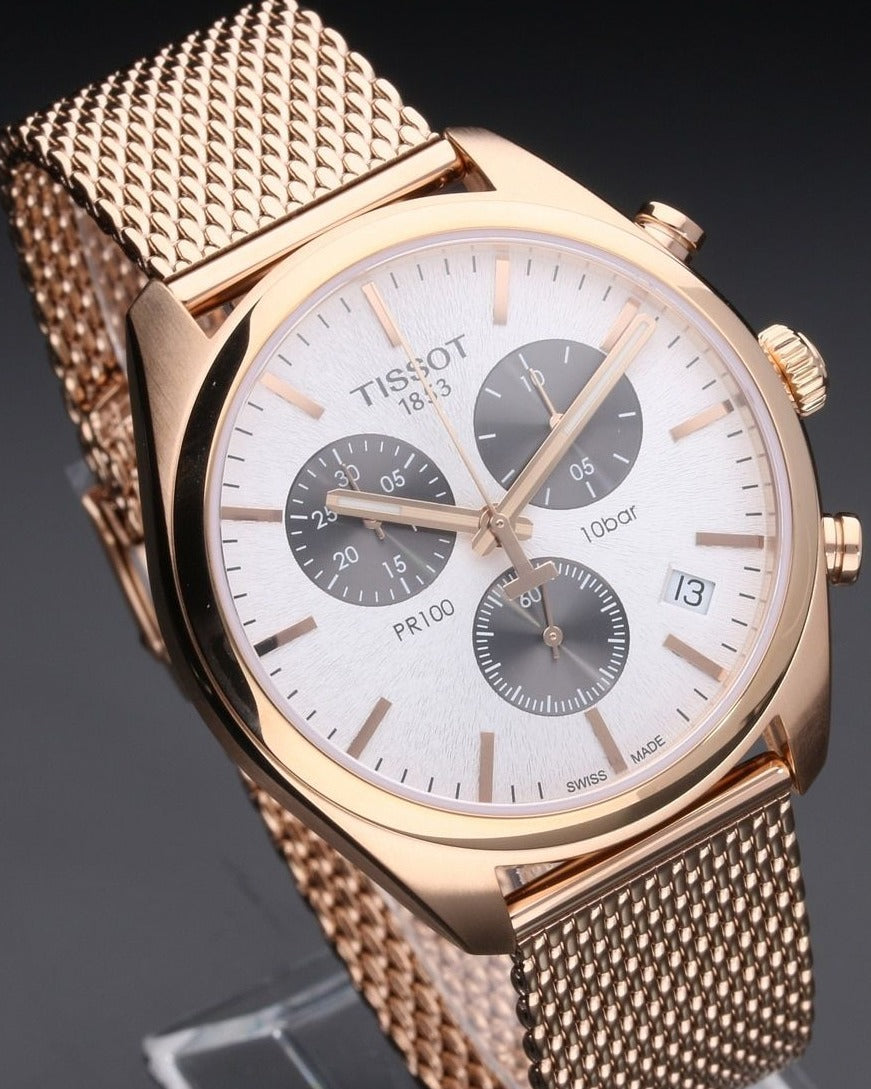 Tissot T Classic PR 100 Chronograph Silver Dial Rose Gold Mesh Bracelet Watch For Men - T101.417.33.031.01