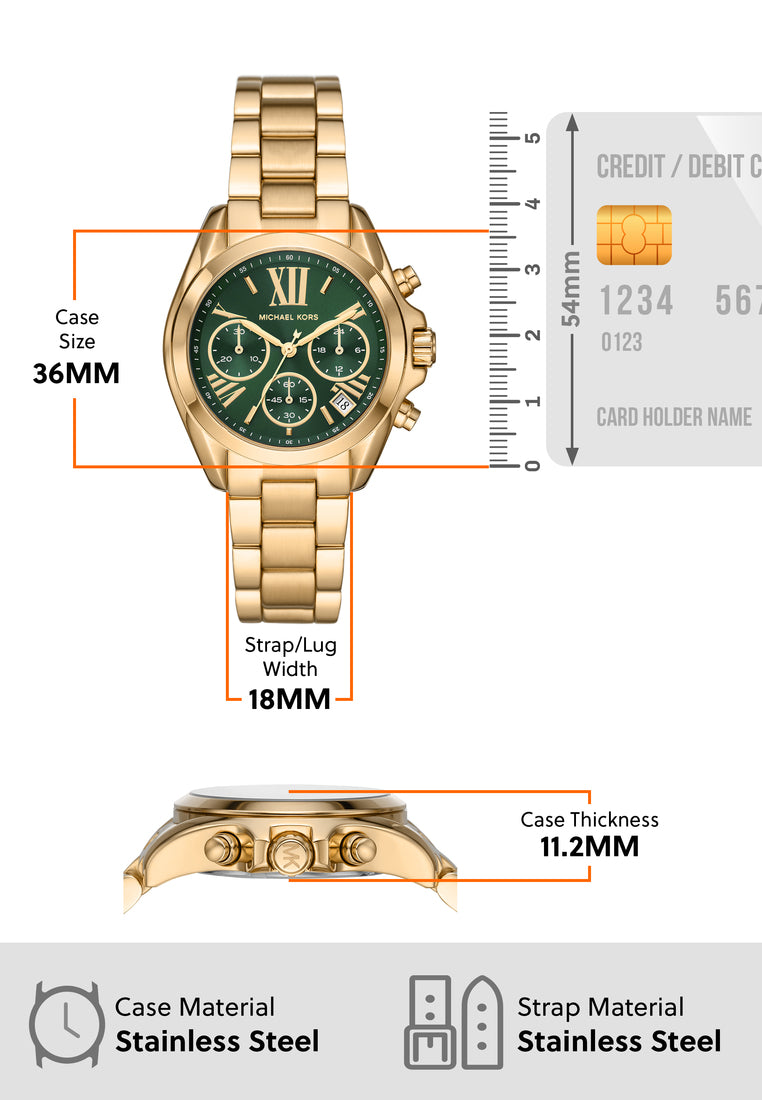 Michael Kors Bradshaw Chronograph Green Dial Gold Steel Strap Watch For Women - MK7257