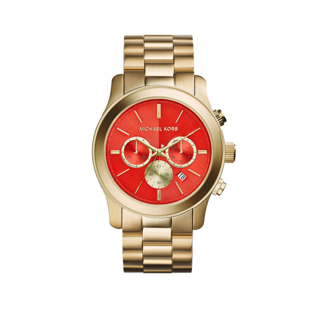 Michael Kors Runway Quartz Orange Dial Gold Steel Strap Watch For Women - MK5930